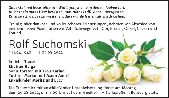 Traueranzeige von Rolf Suchomski von Trauerkombi Bernburg