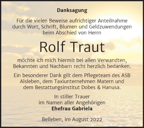 Traueranzeige von Rolf Traut von Trauerkombi Bernburg