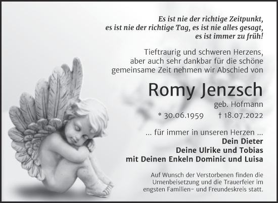 Traueranzeige von Romy Jenzsch von Trauerkombi Wittenberg