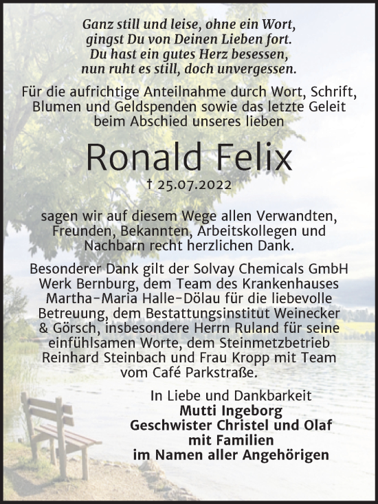 Traueranzeige von Ronald Felix von Trauerkombi Bernburg