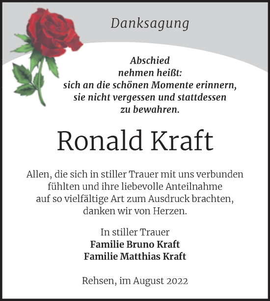 Traueranzeige von Ronald Kraft von Trauerkombi Wittenberg