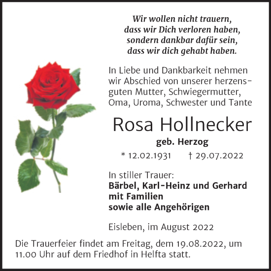 Traueranzeige von Rosa Hollnecker von Trauerkombi Mansfelder Land
