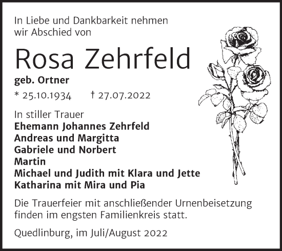 Traueranzeige von Rosa Zehrfeld von Trauerkombi Quedlinburg