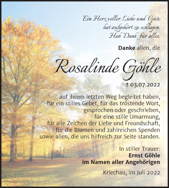 Traueranzeige von Rosalinde Göhle von Trauerkombi Weißenfels