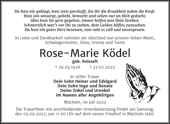 Traueranzeige von Rose-Marie Ködel von Trauerkombi Merseburg
