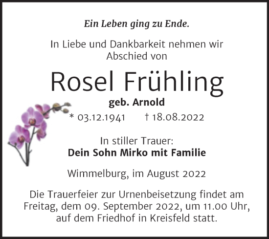 Traueranzeige von Rosel Frühling von Trauerkombi Mansfelder Land