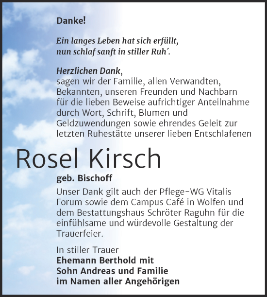 Traueranzeige von Rosel Kirsch von Trauerkombi Bitterfeld