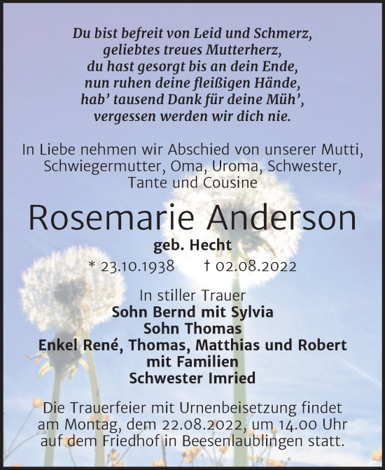 Traueranzeige von Rosemarie Anderson von Trauerkombi Bernburg