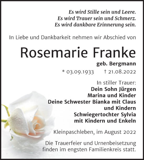Traueranzeige von Rosemarie Franke von Trauerkombi Köthen