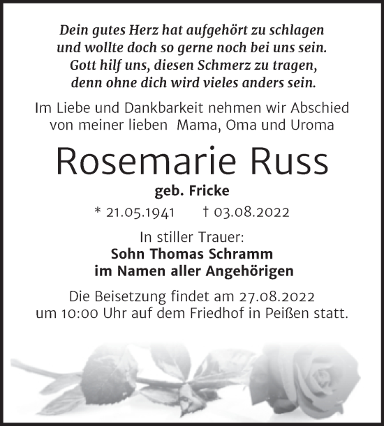 Traueranzeige von Rosemarie Russ von Mitteldeutsche Zeitung Halle/Saalkreis