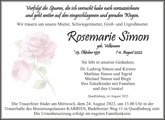 Traueranzeige von Rosemarie Simon von Trauerkombi Quedlinburg