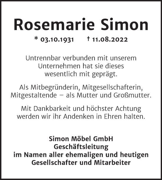 Traueranzeige von Rosemarie Simon von Mitteldeutsche Zeitung Quedlingburg