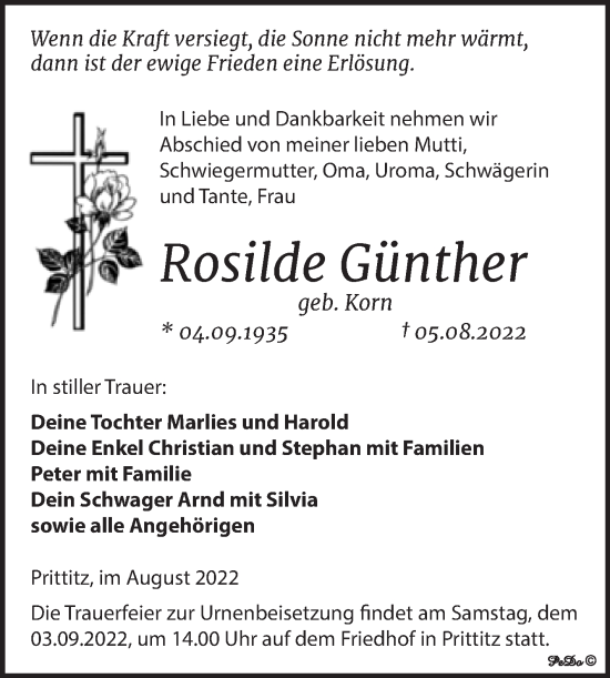 Traueranzeige von Rosilde Günther von Trauerkombi Weißenfels