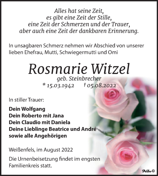 Traueranzeige von Rosmarie Witzel von Trauerkombi Weißenfels
