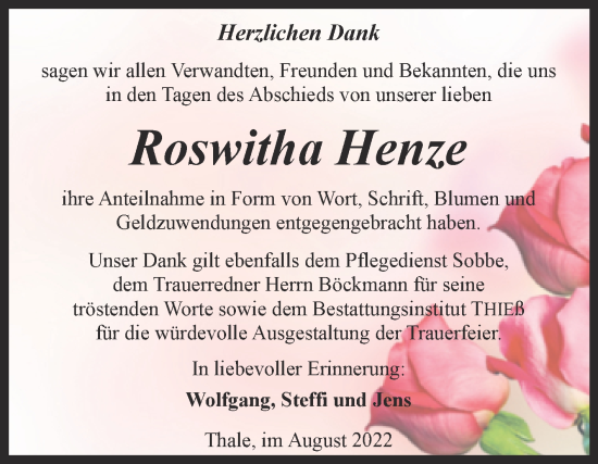 Traueranzeige von Roswitha Henze von Trauerkombi Quedlinburg