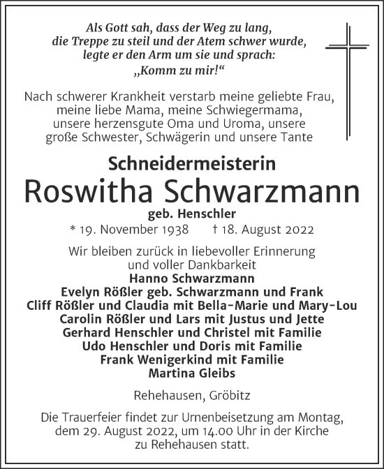 Traueranzeige von Roswitha Schwarzmann von Trauerkombi Weißenfels