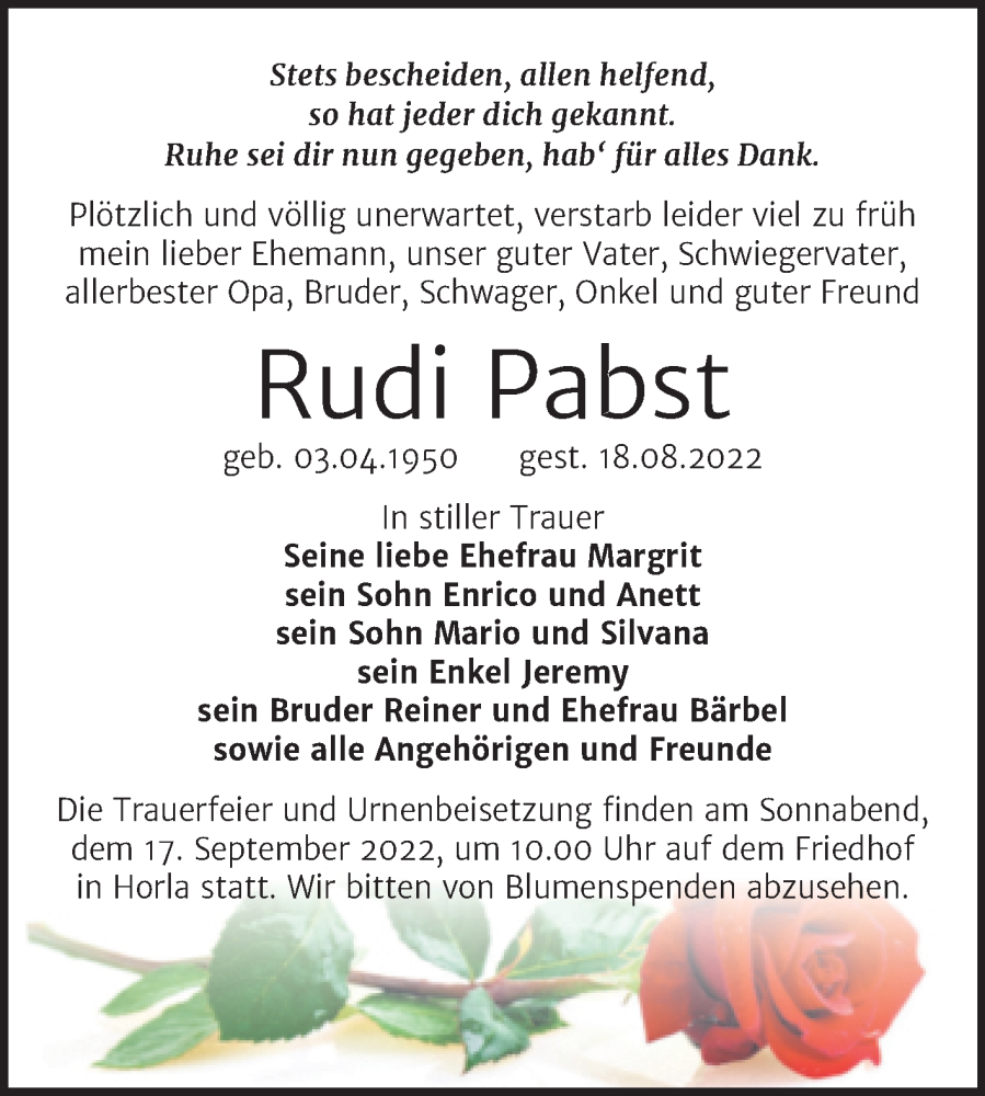  Traueranzeige für Rudi Pabst vom 26.08.2022 aus Trauerkombi Sangerhausen