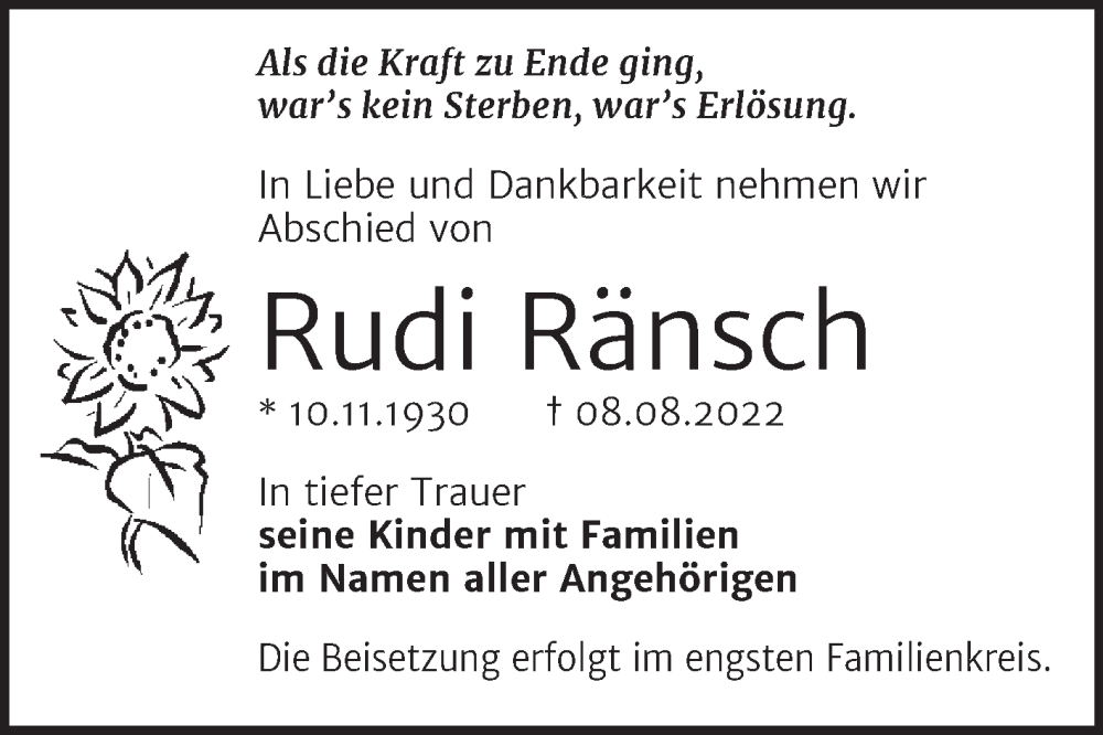  Traueranzeige für Rudi Ränsch vom 13.08.2022 aus Trauerkombi Bernburg