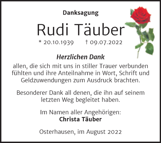 Traueranzeige von Rudi Täuber von Trauerkombi Mansfelder Land