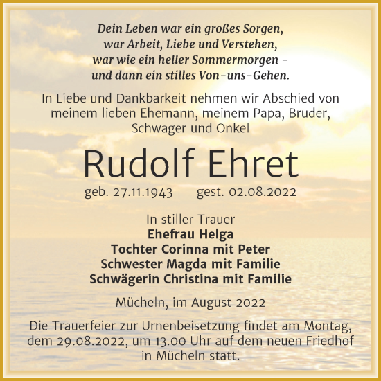 Traueranzeige von Rudolf Ehret von Trauerkombi Merseburg