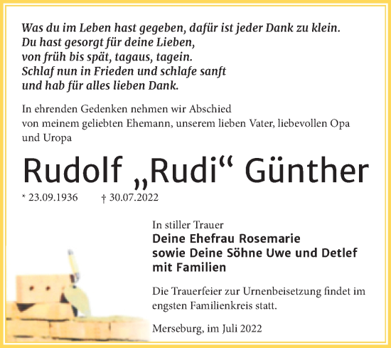 Traueranzeige von Rudolf Günther von Trauerkombi Merseburg