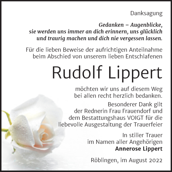 Traueranzeige von Rudolf Lippert von Trauerkombi Mansfelder Land