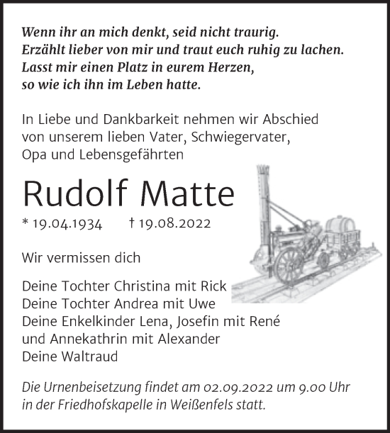 Traueranzeige von Rudolf Matte von Trauerkombi Weißenfels