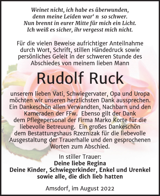 Traueranzeige von Rudolf Ruck von Trauerkombi Mansfelder Land