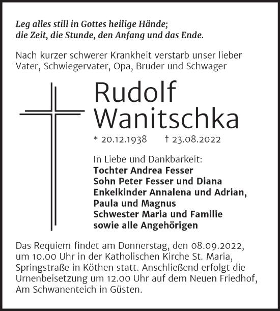 Traueranzeige von Rudolf Wanitschka von Trauerkombi Köthen