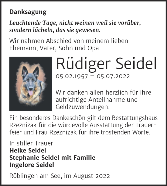 Traueranzeige von Rüdiger Seidel von Trauerkombi Mansfelder Land