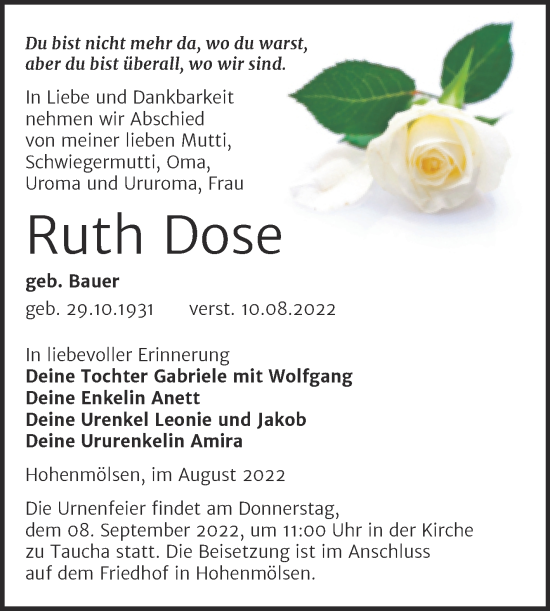 Traueranzeige von Ruth Dose von Trauerkombi Weißenfels