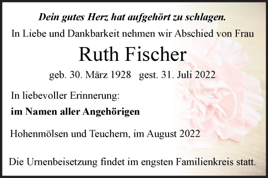 Traueranzeige von Ruth Fischer von Trauerkombi Weißenfels
