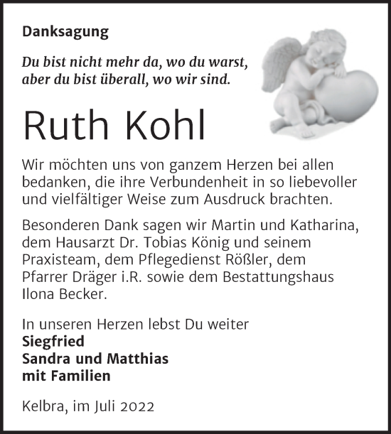 Traueranzeige von Ruth Kohl von Trauerkombi Sangerhausen