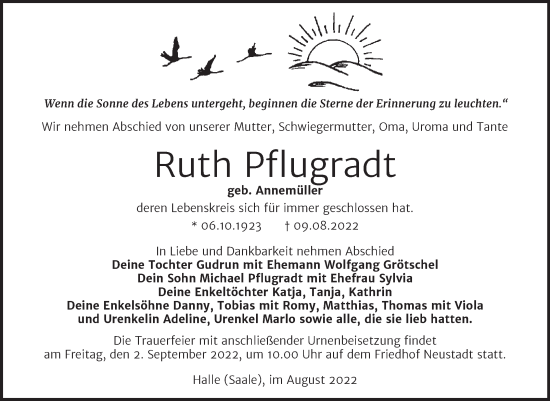 Traueranzeige von Ruth Pflugradt von Mitteldeutsche Zeitung Halle/Saalkreis