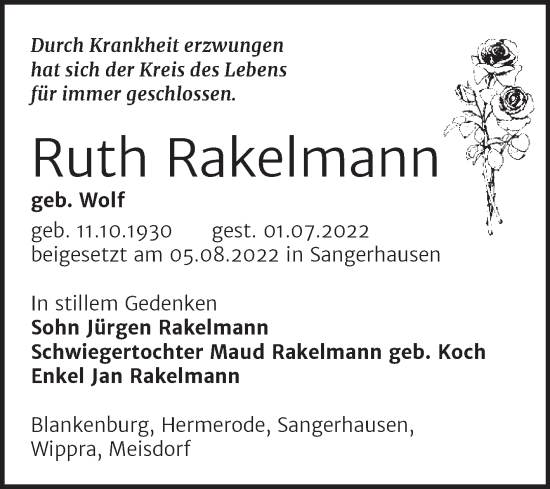 Traueranzeige von Ruth Rakelmann von Trauerkombi Sangerhausen