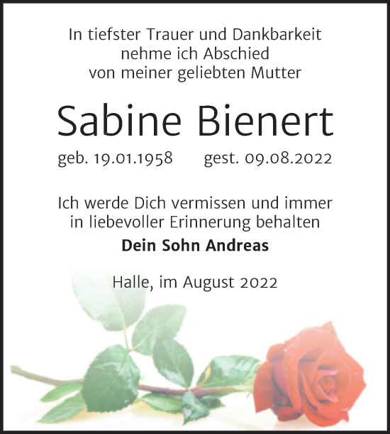 Traueranzeige von Sabine Bienert von Mitteldeutsche Zeitung Halle/Saalkreis