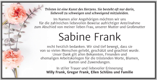 Traueranzeige von Sabine Frank von Trauerkombi Merseburg
