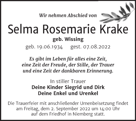 Traueranzeige von Selma Rosemarie Krake von Mitteldeutsche Zeitung Halle/Saalkreis