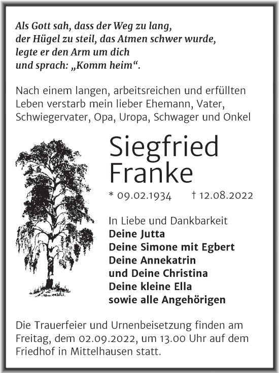 Traueranzeige von Siegfried Franke von Trauerkombi Sangerhausen