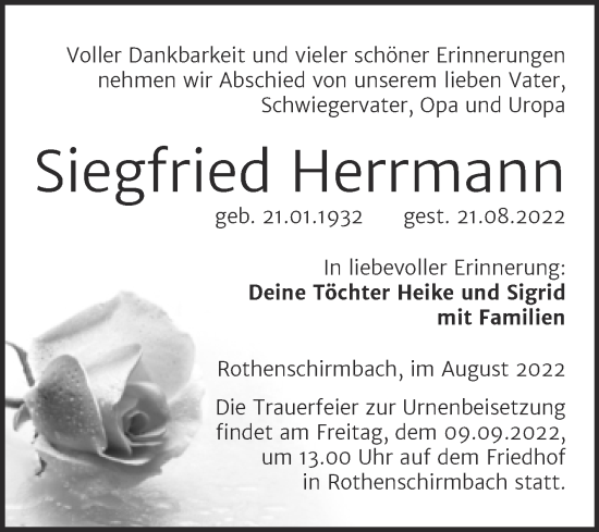 Traueranzeige von Siegfried Herrmann von Trauerkombi Mansfelder Land