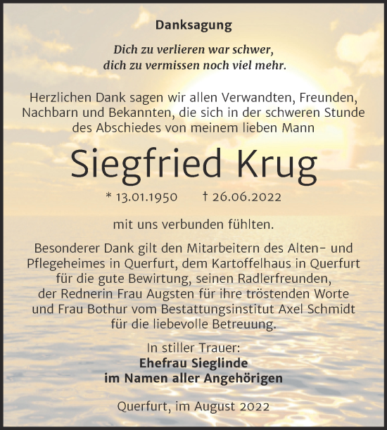 Traueranzeige von Siegfried Krug von Trauerkombi Merseburg