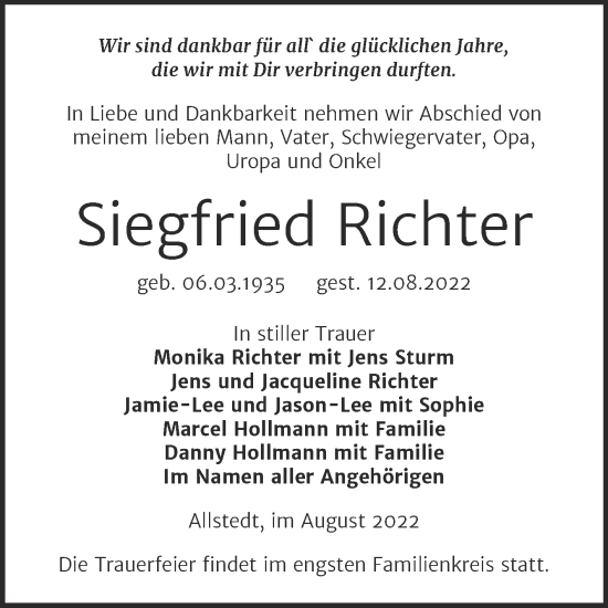 Traueranzeige von Siegfried Richter von Trauerkombi Sangerhausen