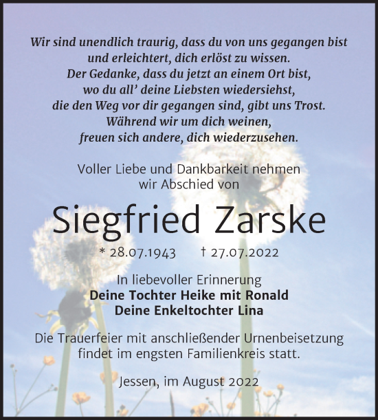 Traueranzeige von Siegfried Zarske von Trauerkombi Wittenberg