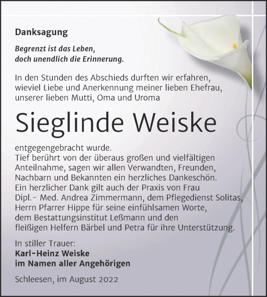 Traueranzeige von Sieglinde Weiske von Trauerkombi Wittenberg