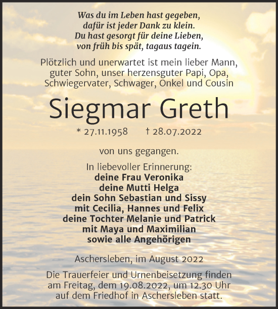 Traueranzeige von Siegmar Greth von Trauerkombi Aschersleben