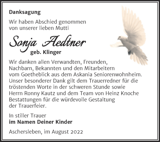 Traueranzeige von Sonja Aedtner von Trauerkombi Aschersleben