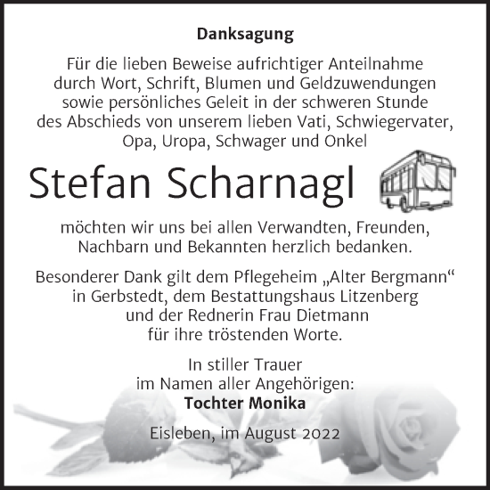 Traueranzeige von Stefan Scharnagl von Trauerkombi Mansfelder Land