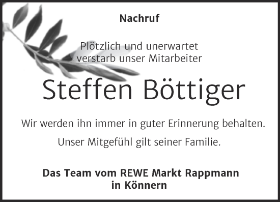 Traueranzeige von Steffen Böttiger von Super Sonntag Bernburg