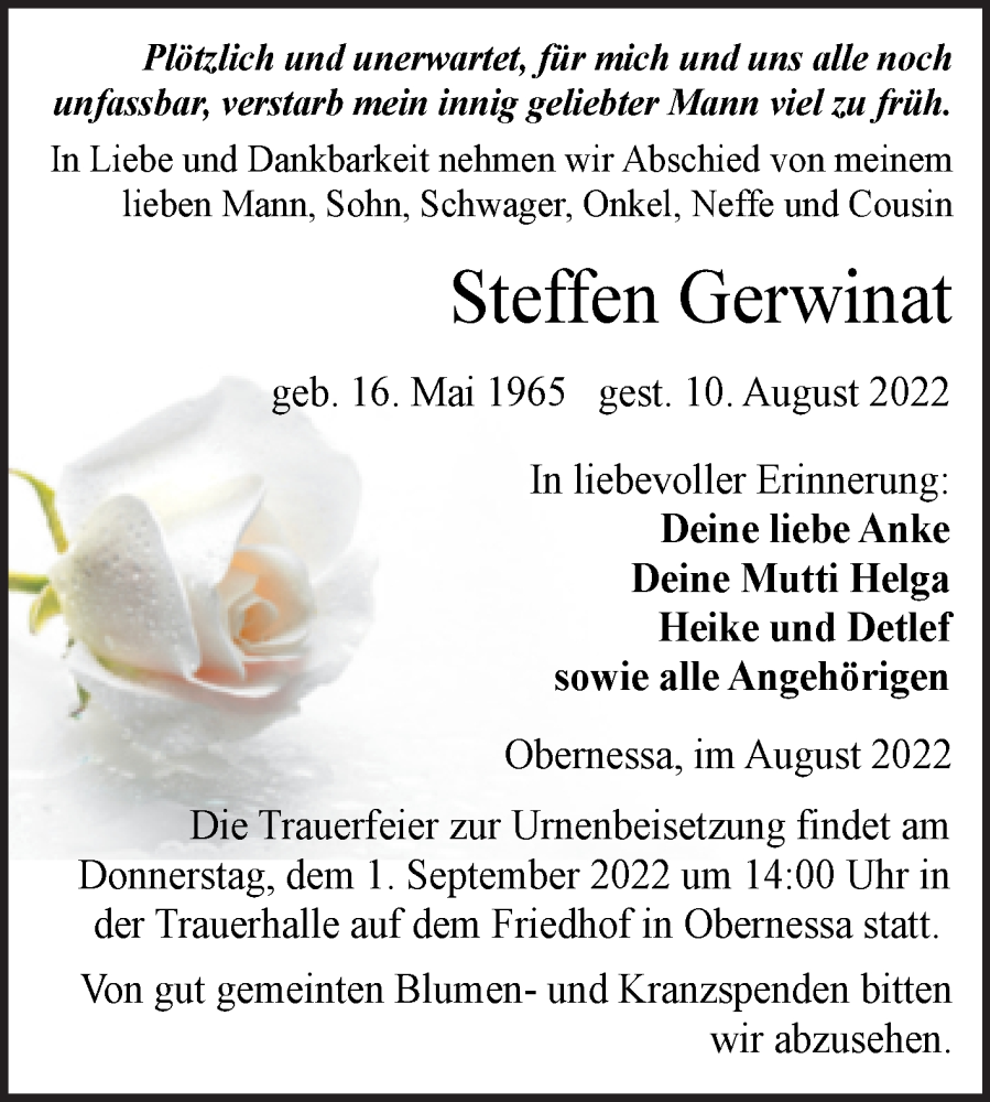  Traueranzeige für Steffen Gerwinat vom 20.08.2022 aus Trauerkombi Weißenfels
