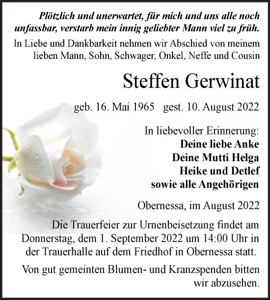 Traueranzeige von Steffen Gerwinat von Trauerkombi Weißenfels
